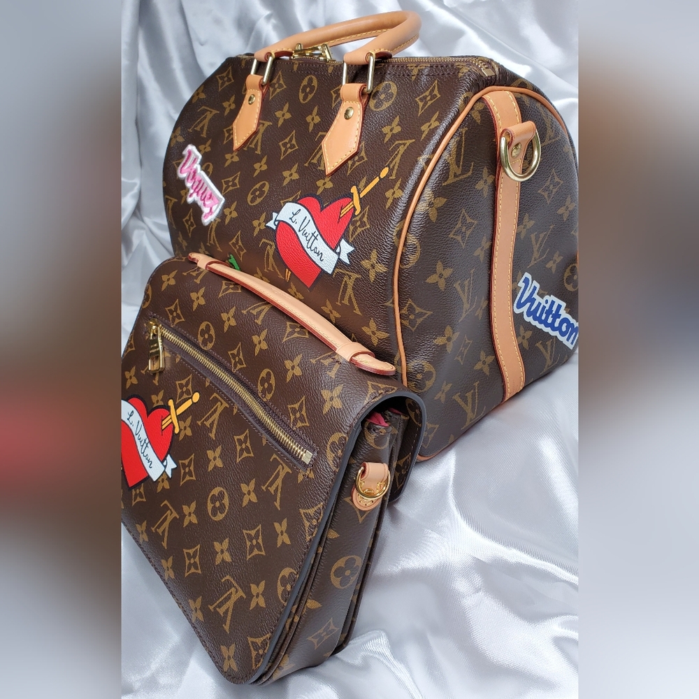 Louis Vuitton Brown and Red Satchel with Monogram and Patches - Picture 7 of 7